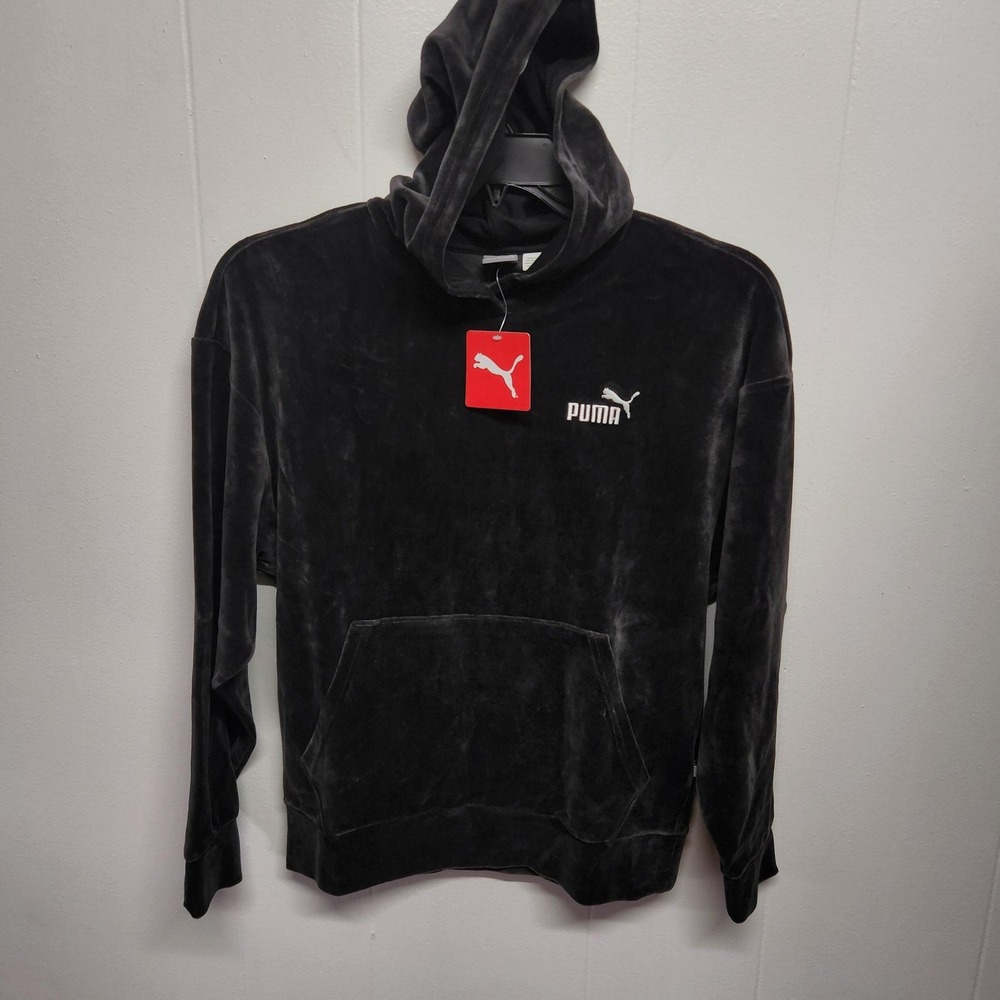 Puma Hoodie Women XS Black ESS ELEVATE Pullover Kangaroo Pocket Soft Velour New‎